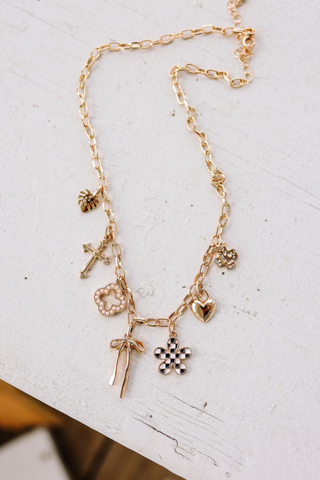 Clover Bow Checker Flower Heart Charm Necklace