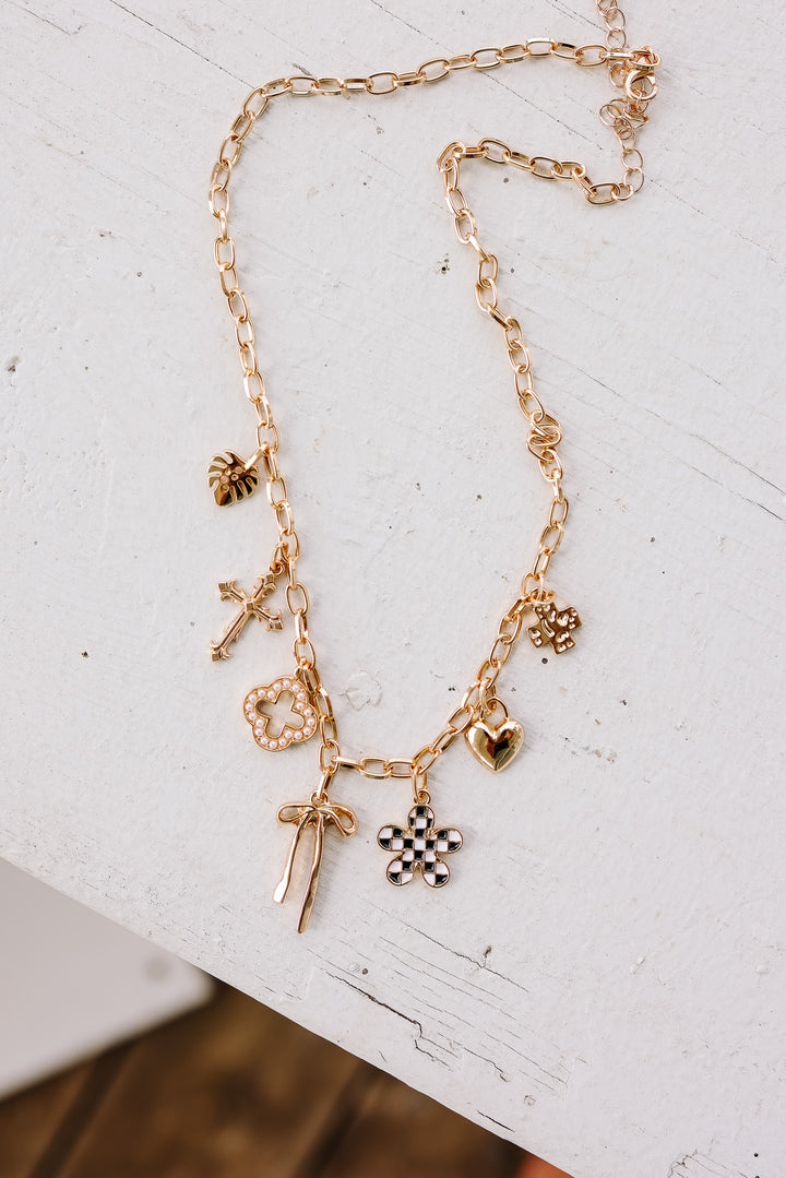 Clover Bow Checker Flower Heart Charm Necklace