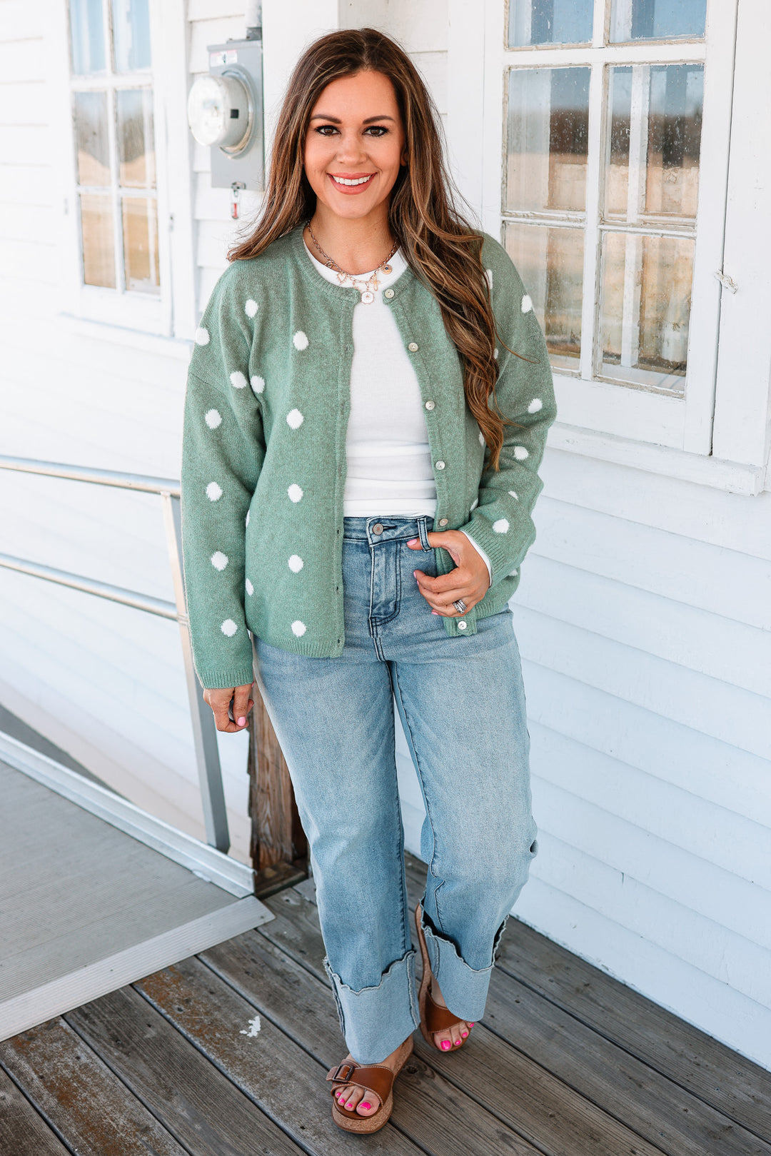 Sadie Polka Dot Sweater Cardigan - Sage