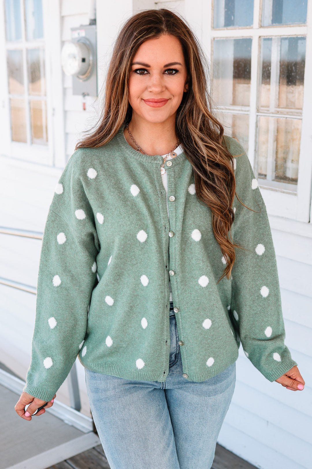 Sadie Polka Dot Sweater Cardigan - Sage