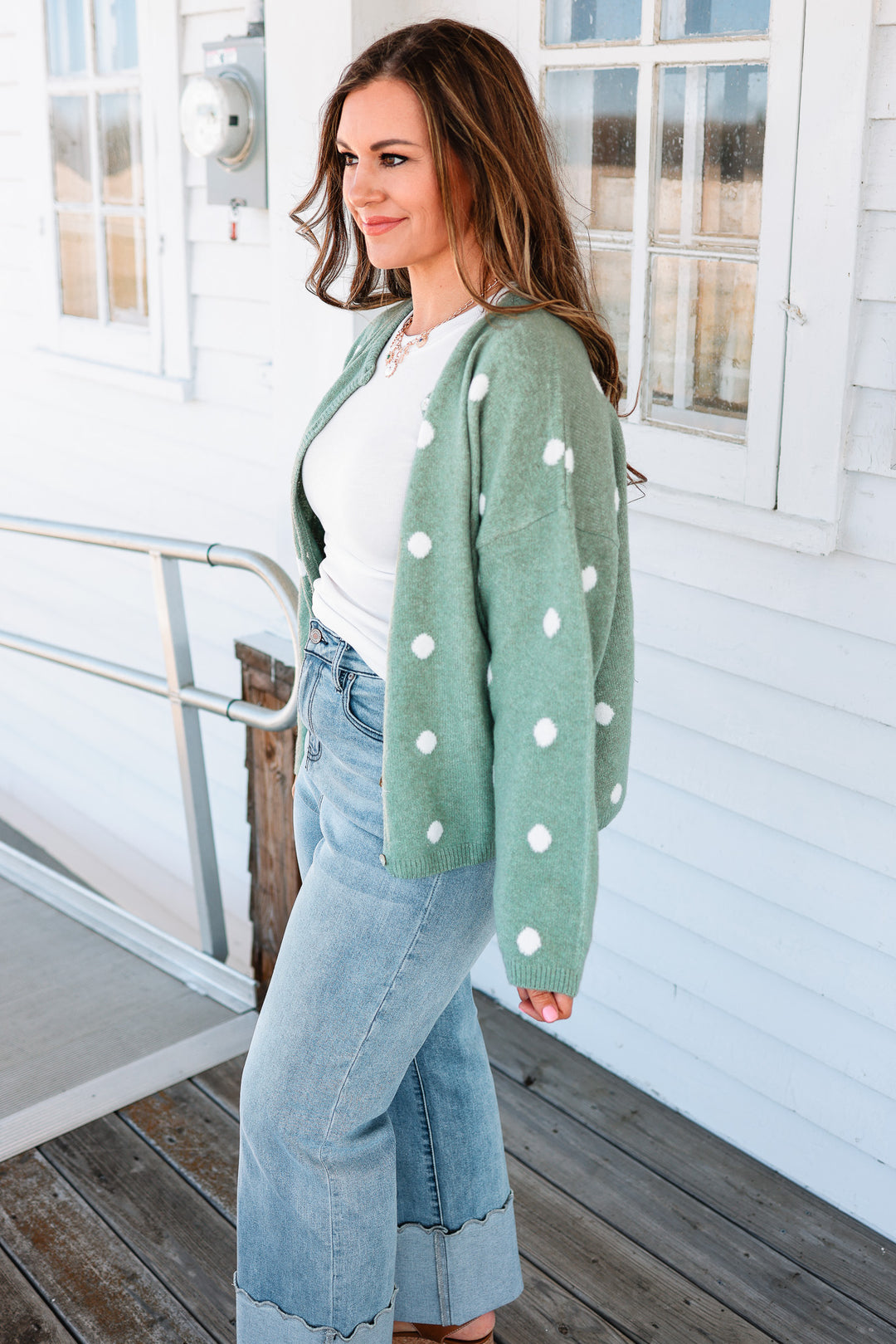 Sadie Polka Dot Sweater Cardigan - Sage