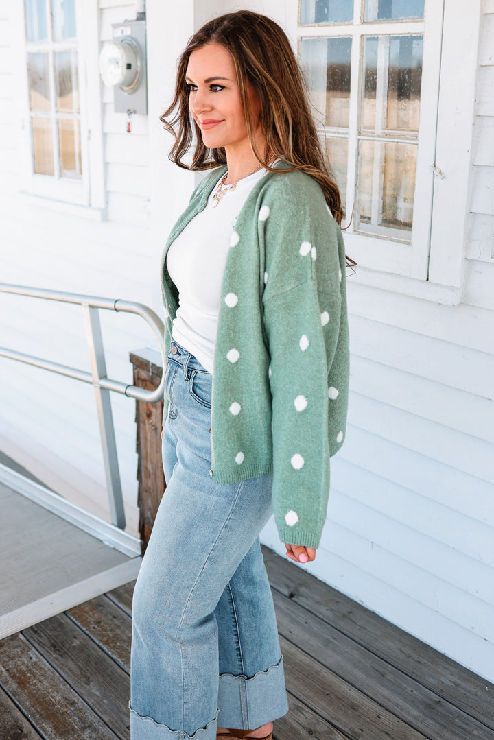 Sadie Polka Dot Sweater Cardigan - Sage