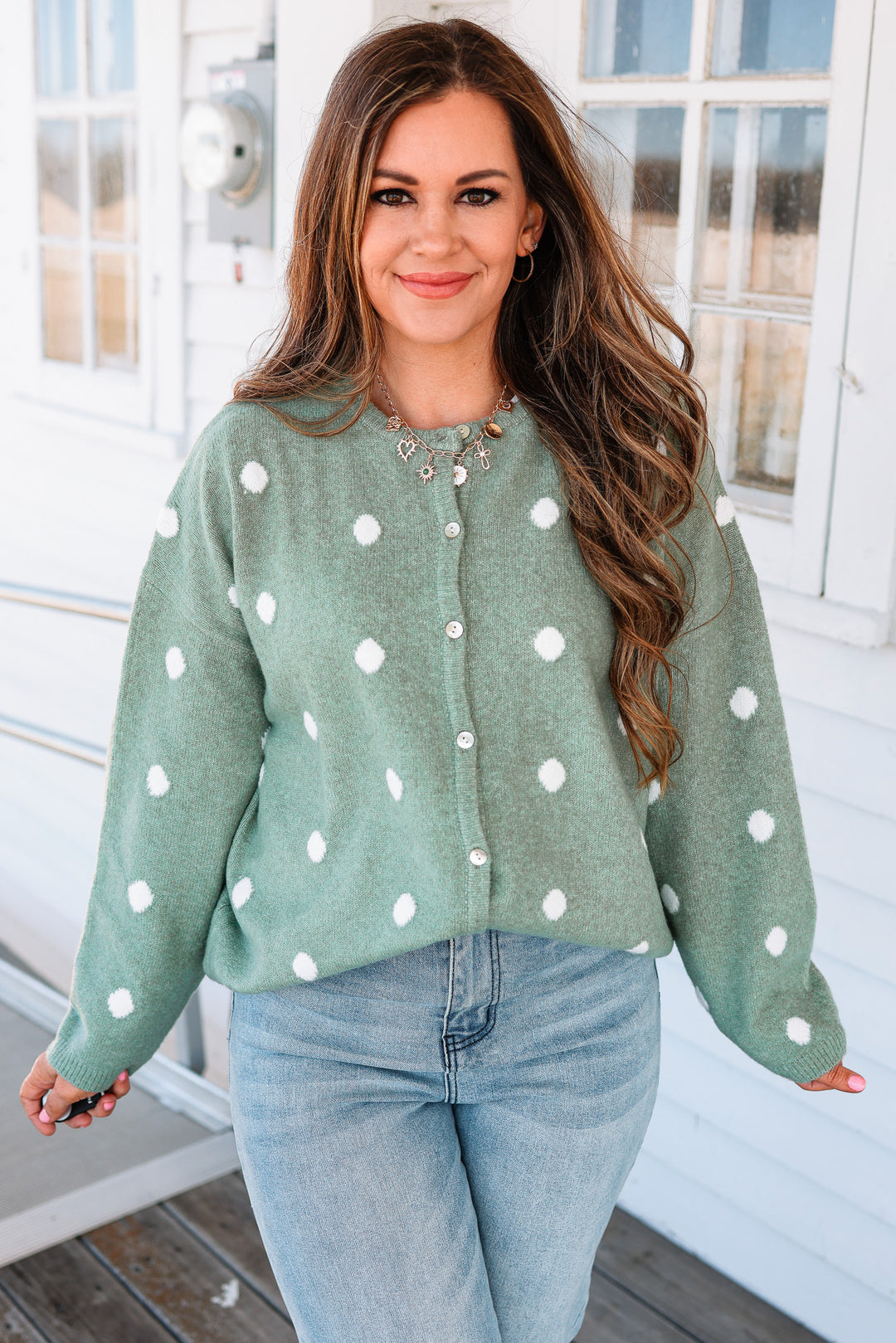 Sadie Polka Dot Sweater Cardigan - Sage