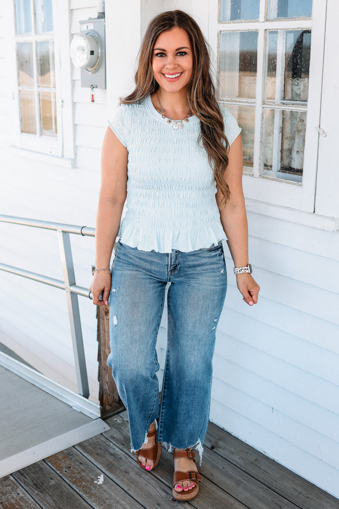 Wren Ruffled Hem Ruched Top - Light Blue