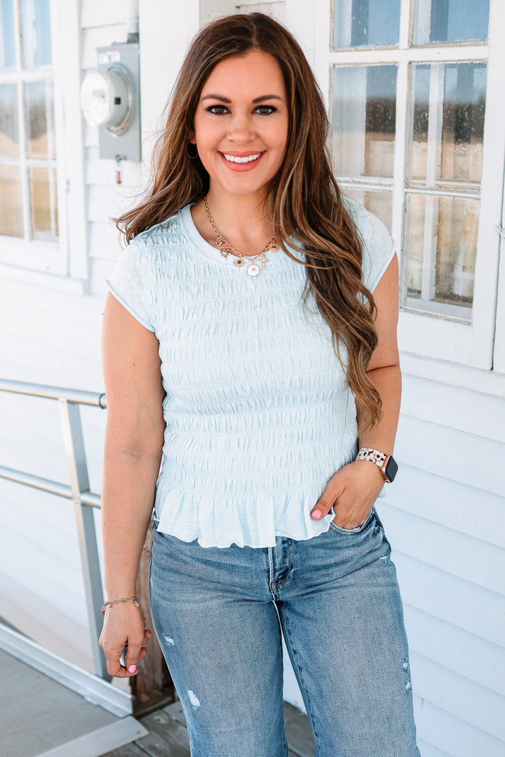 Wren Ruffled Hem Ruched Top - Light Blue