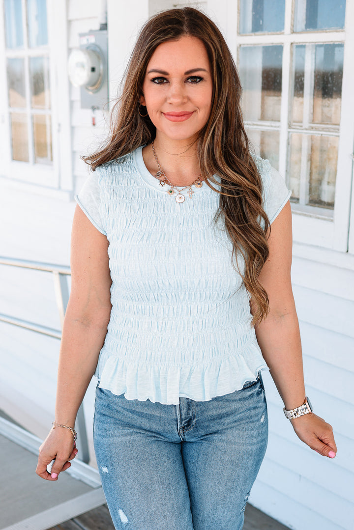 Wren Ruffled Hem Ruched Top - Light Blue