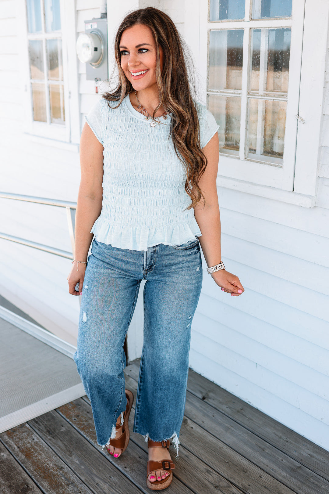 Wren Ruffled Hem Ruched Top - Light Blue