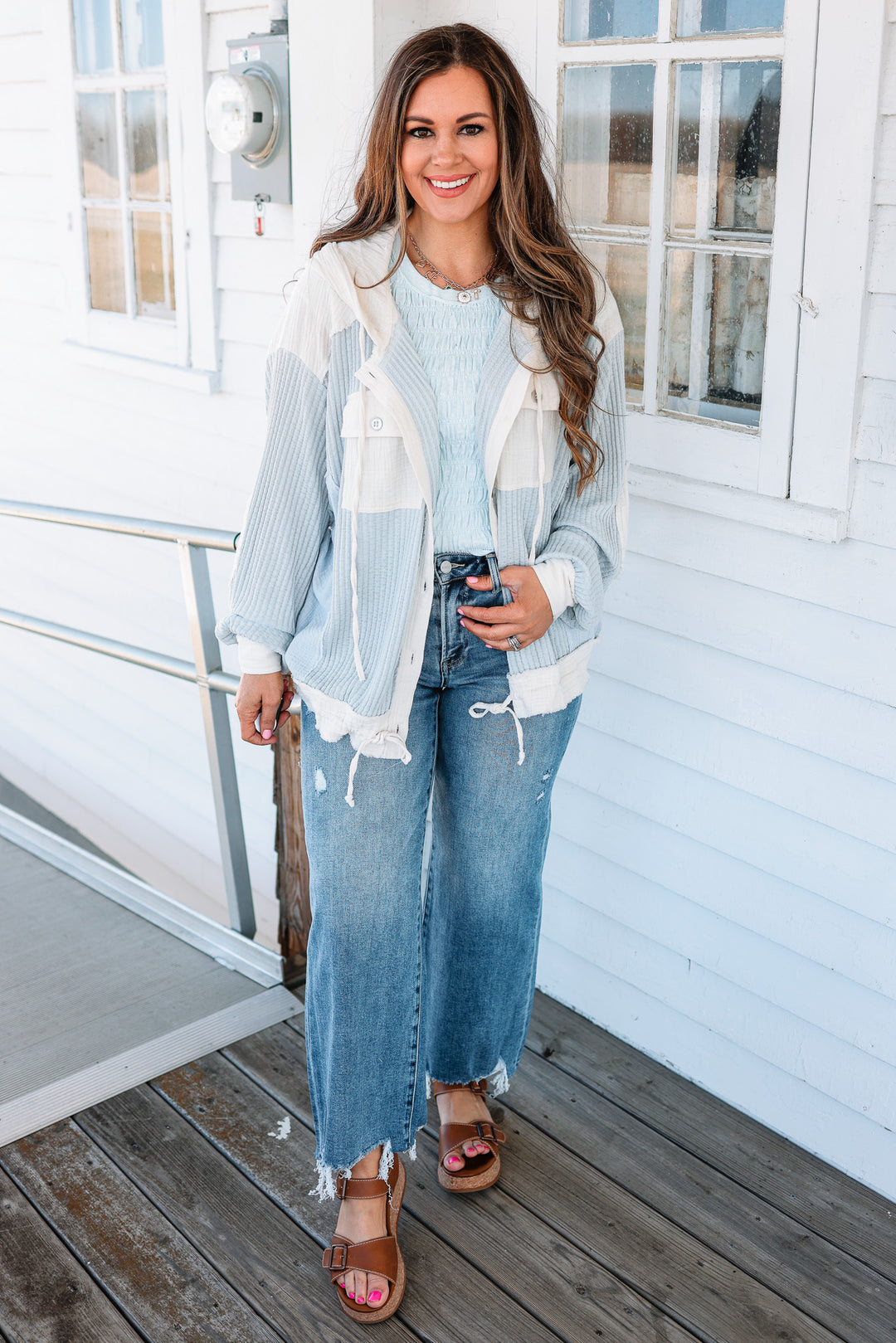Elise Button Down Waffle Hoodie - Blue