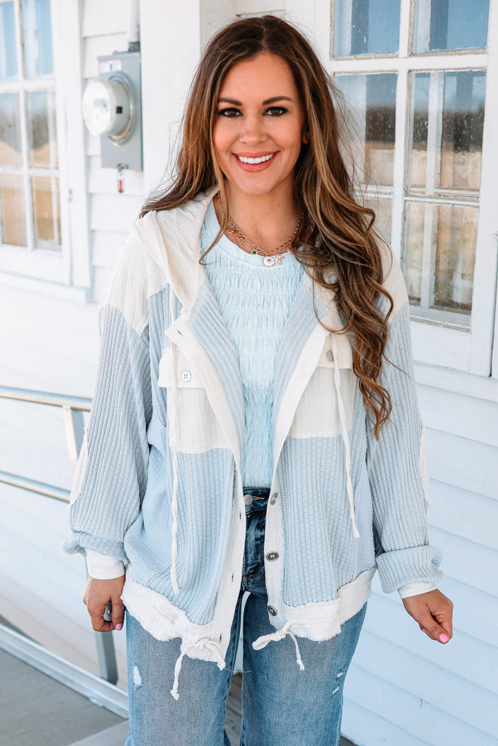 Elise Button Down Waffle Hoodie - Blue