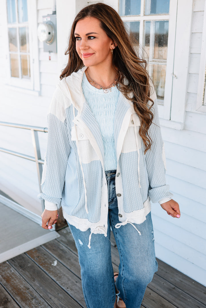 Elise Button Down Waffle Hoodie - Blue