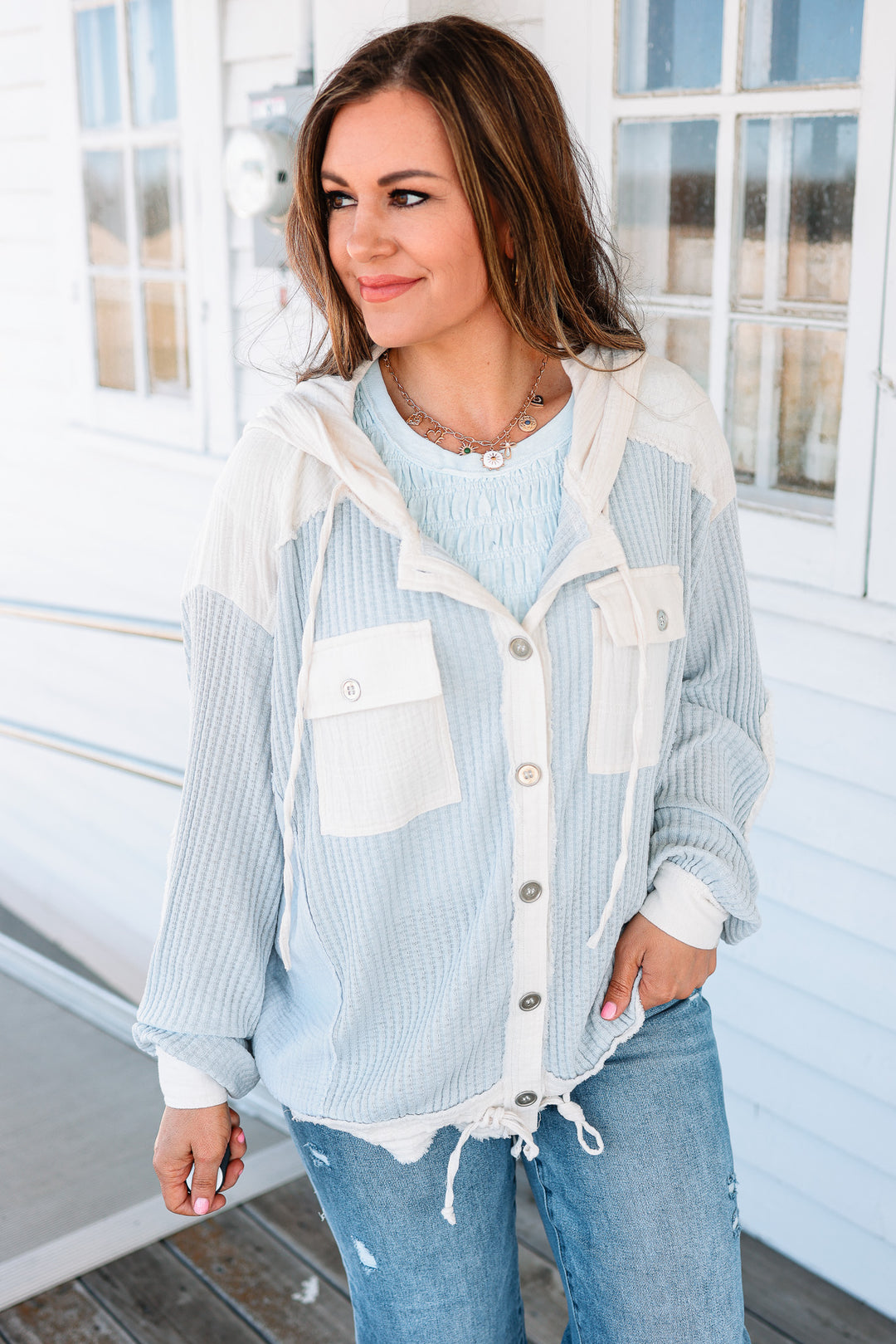 Elise Button Down Waffle Hoodie - Blue