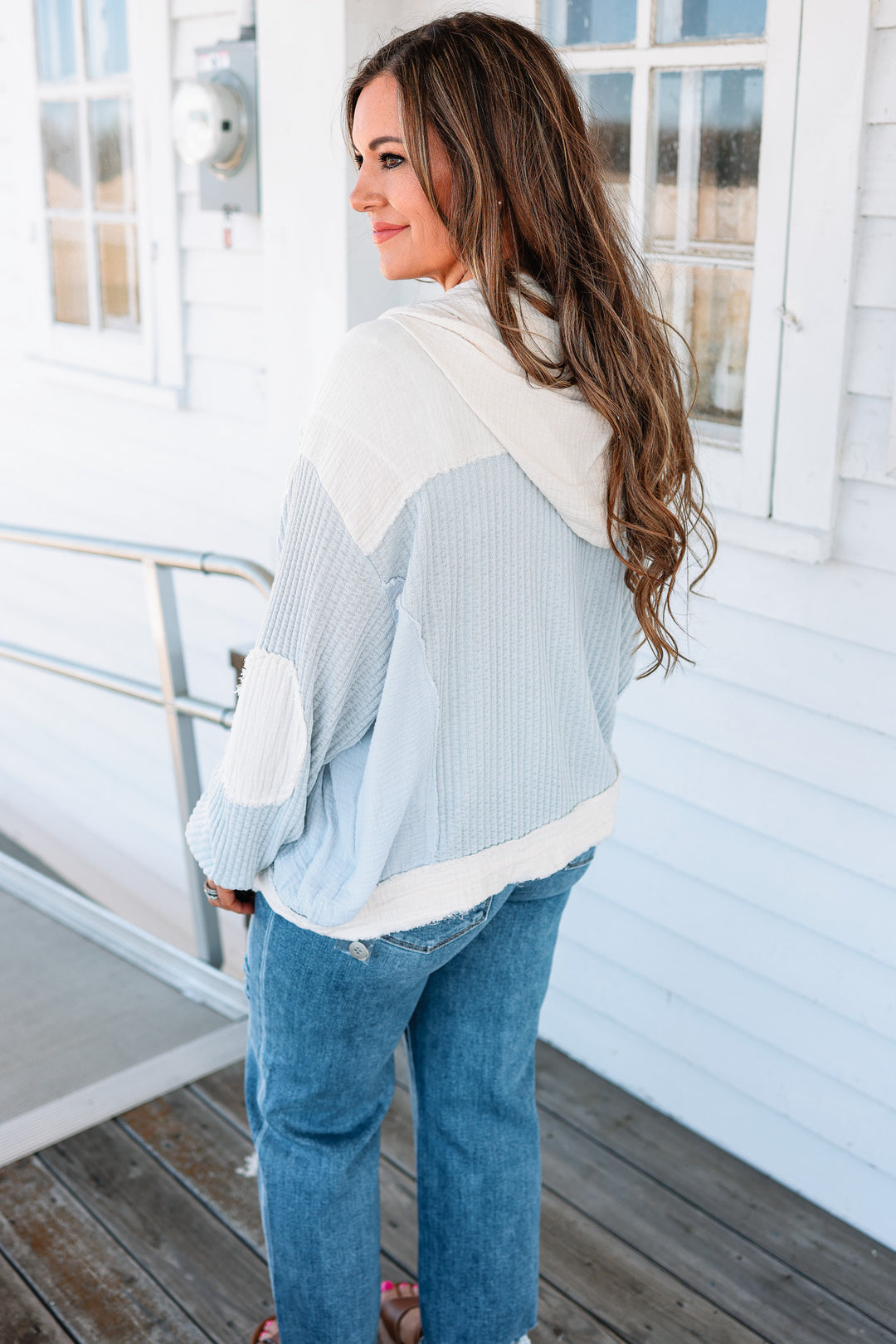Elise Button Down Waffle Hoodie - Blue