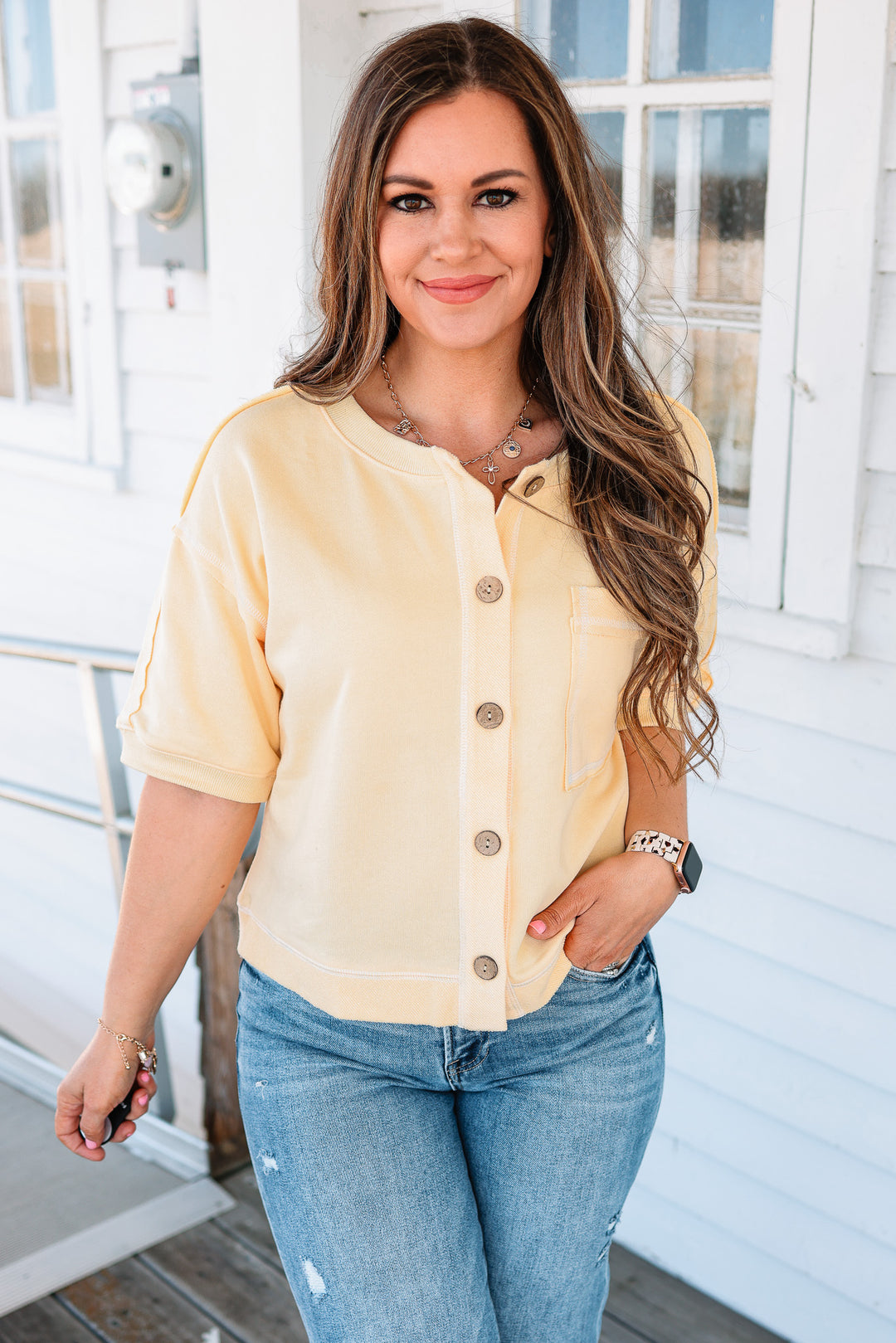 Jovie Button Down Sweatshirt Top - Butter