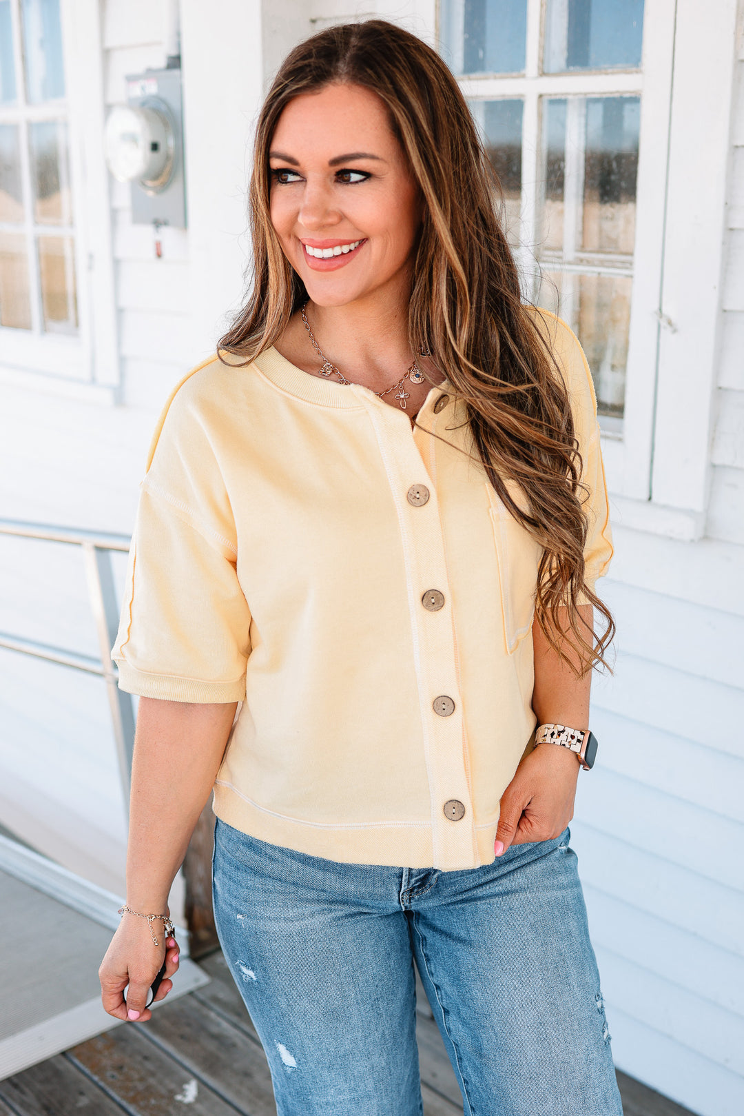 Jovie Button Down Sweatshirt Top - Butter