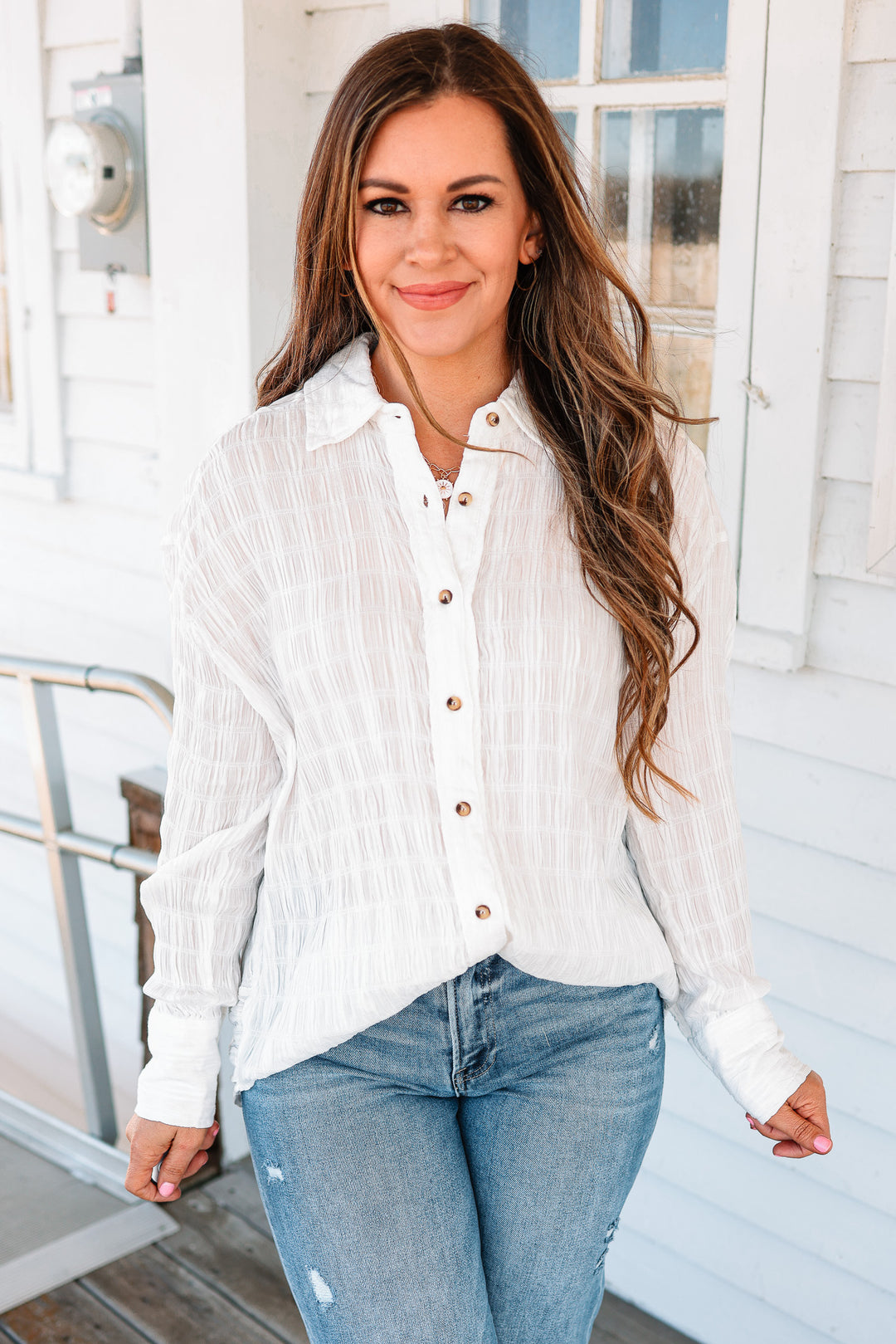 Ava Textured Button Down Shirt - Ecru