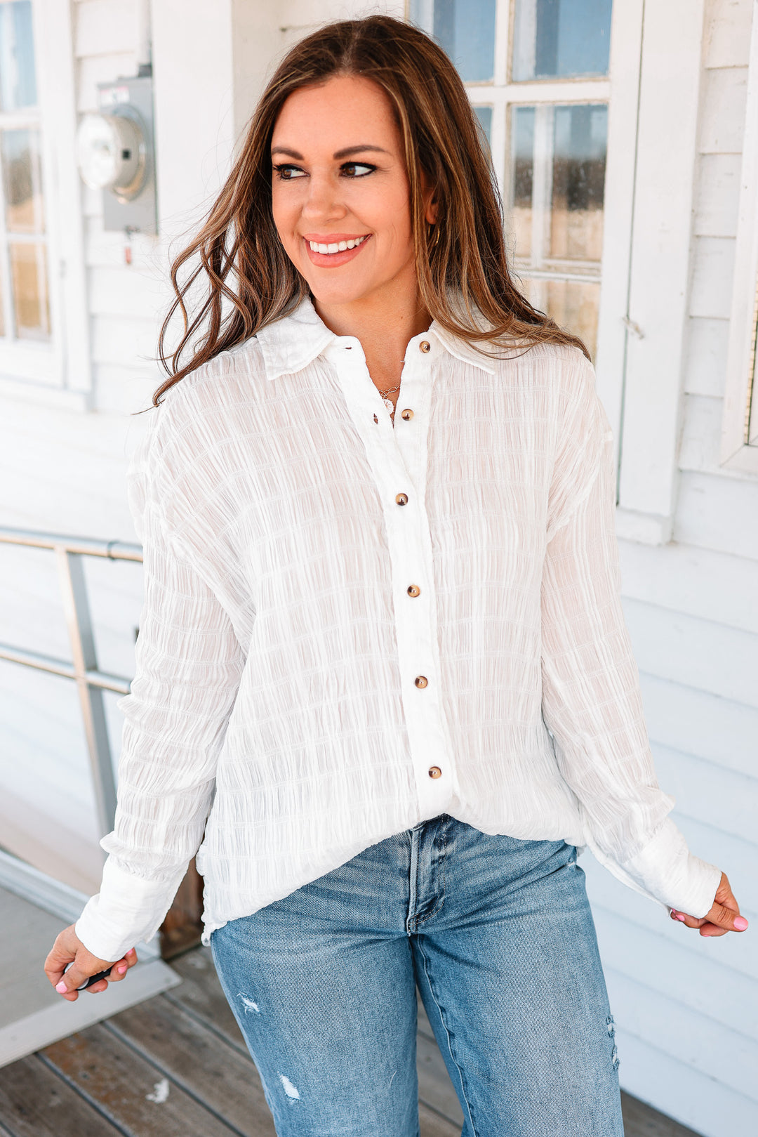Ava Textured Button Down Shirt - Ecru