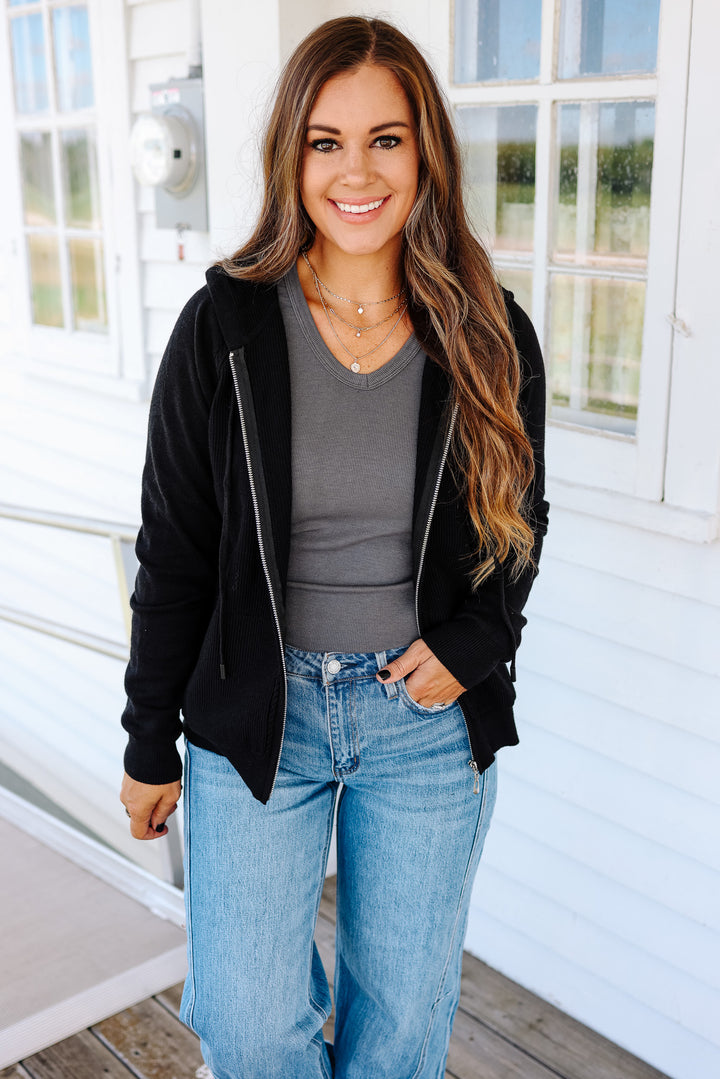 Elowen Zip Up Sweater Hoodie - Black