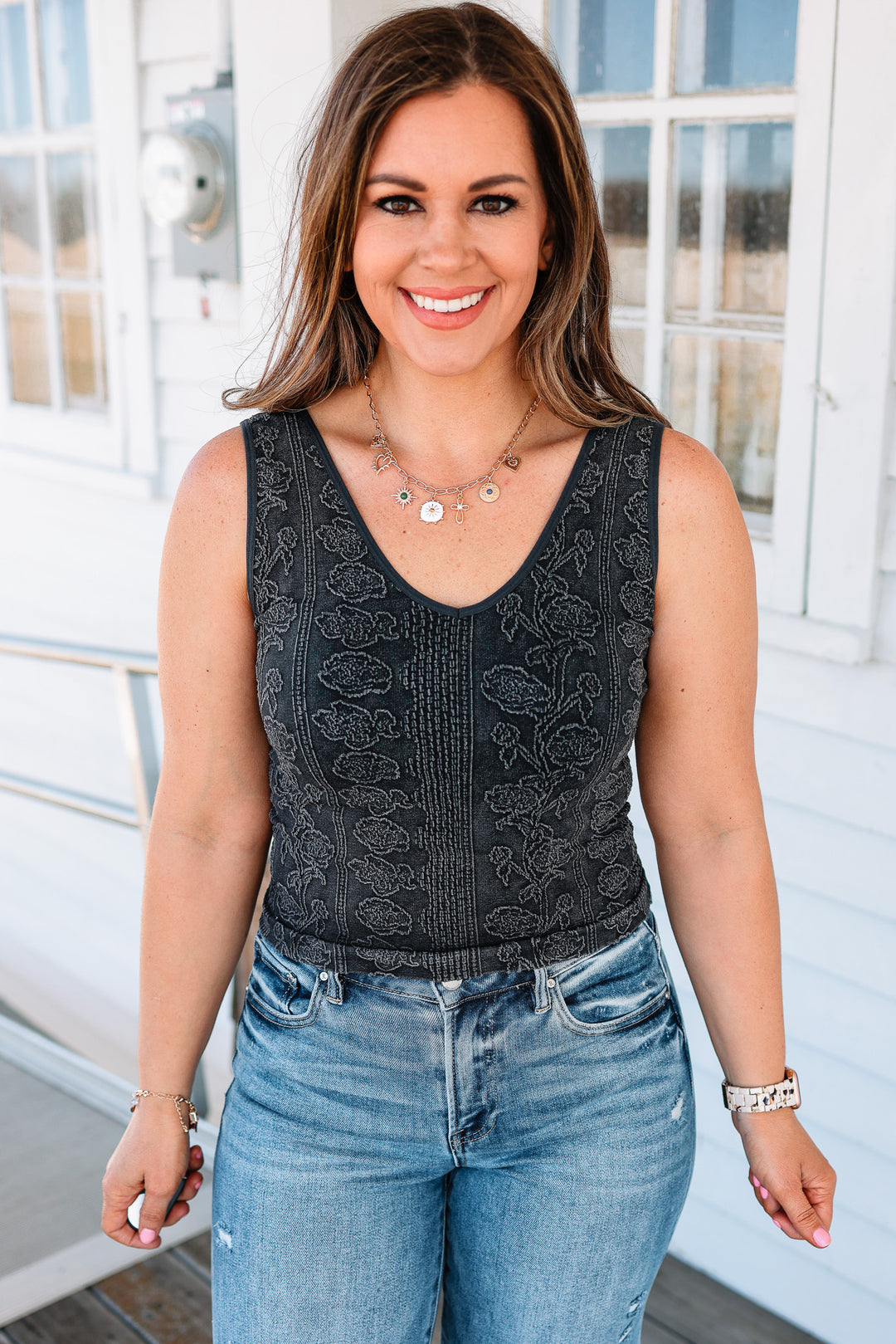 Monroe Floral Seamless Tank - Charcoal