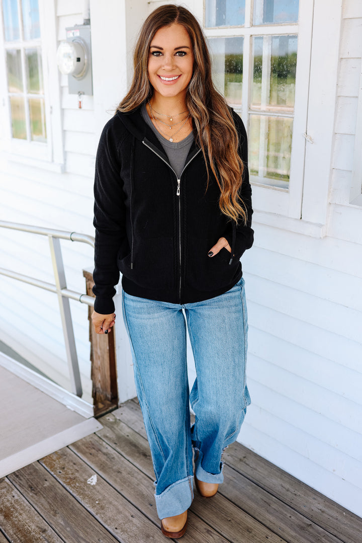 Elowen Zip Up Sweater Hoodie - Black