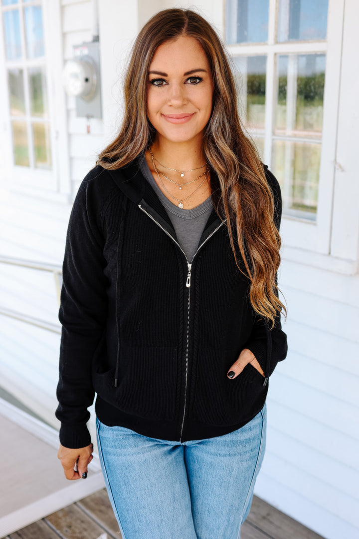 Elowen Zip Up Sweater Hoodie - Black
