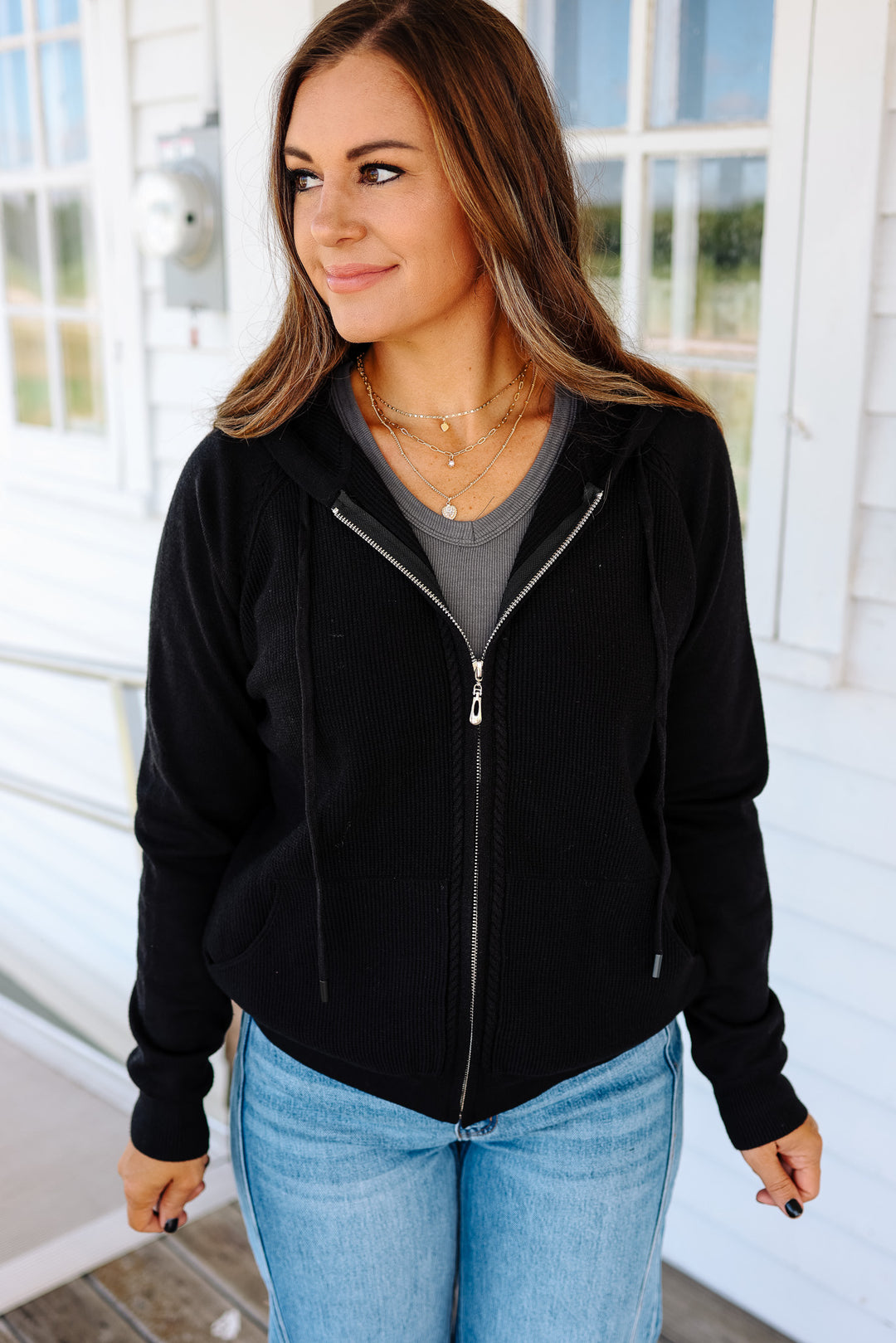 Elowen Zip Up Sweater Hoodie - Black