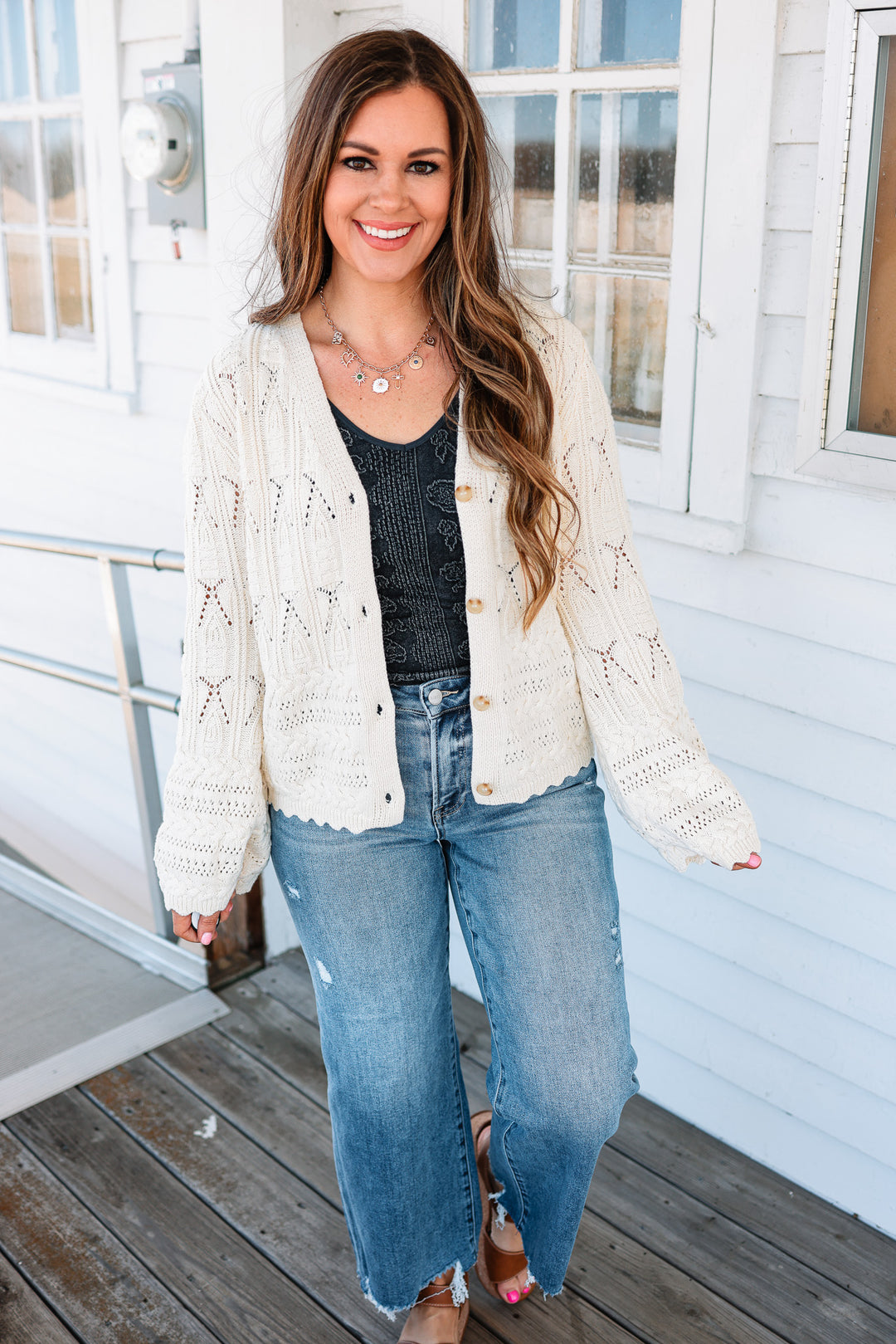 Tia Pointelle Button Cardigan