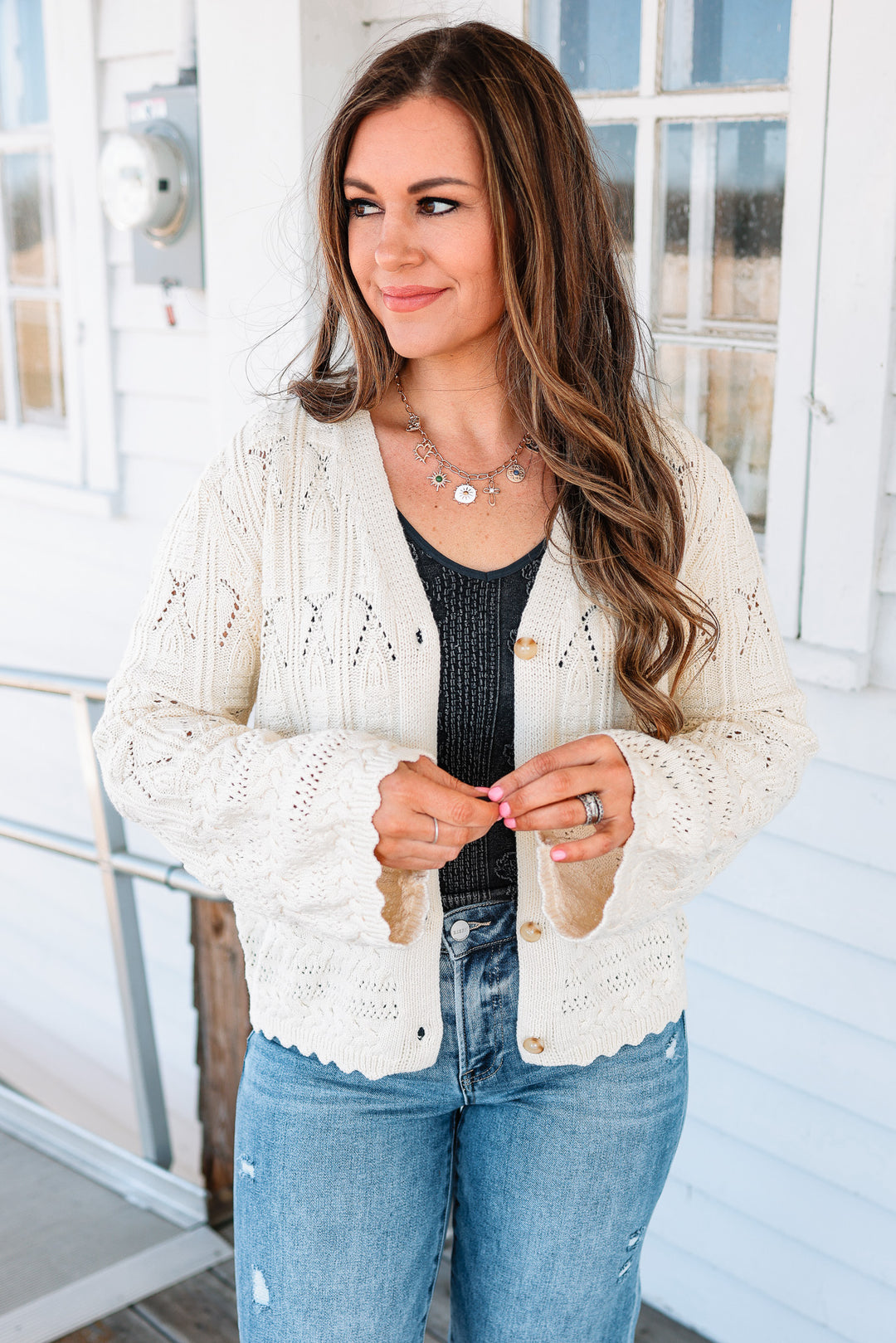 Tia Pointelle Button Cardigan