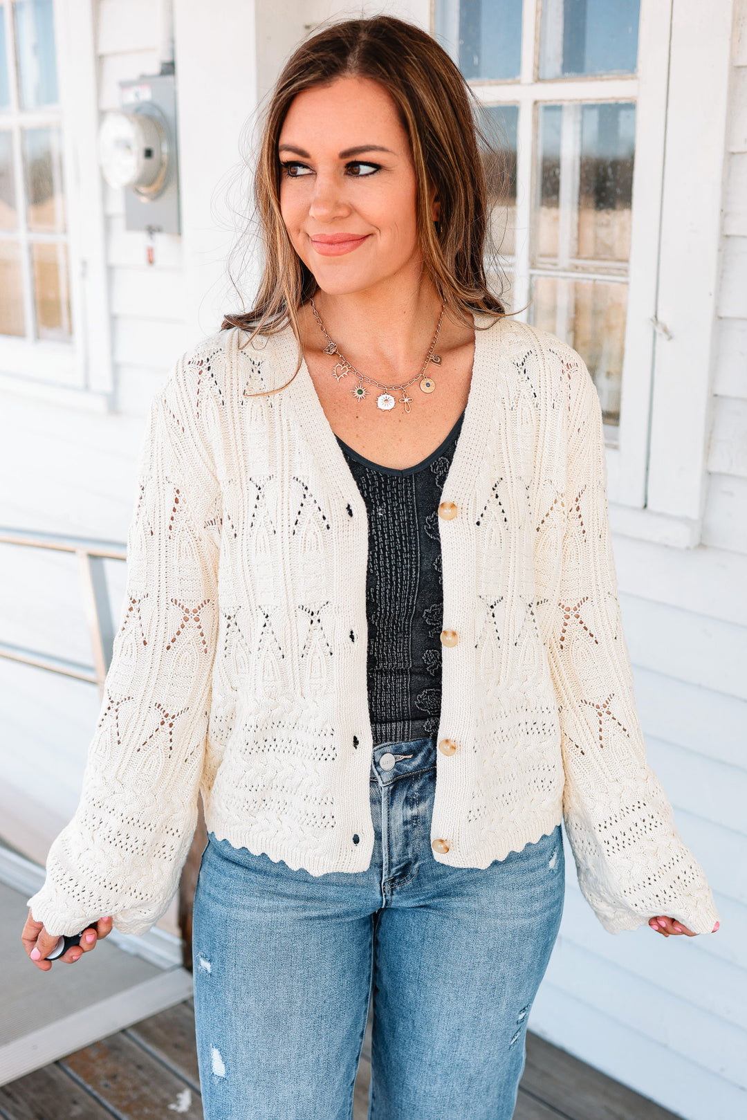 Tia Pointelle Button Cardigan