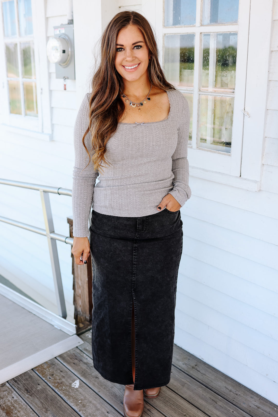 Holly Lace Edge Pointelle Top - Grey