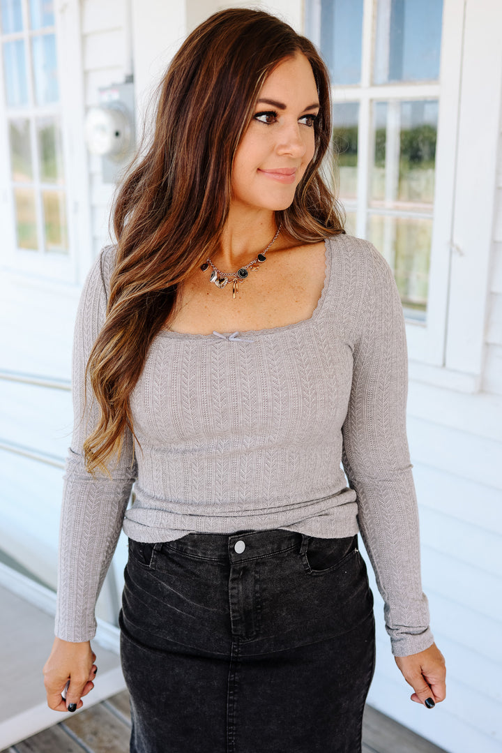Holly Lace Edge Pointelle Top - Grey