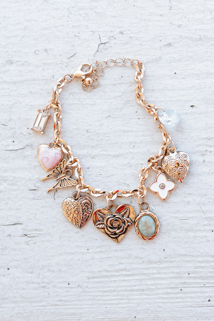 Gold Charm Bracelet with Hearts & Flowers