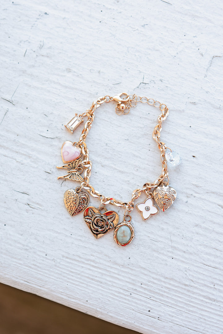 Gold Charm Bracelet with Hearts & Flowers