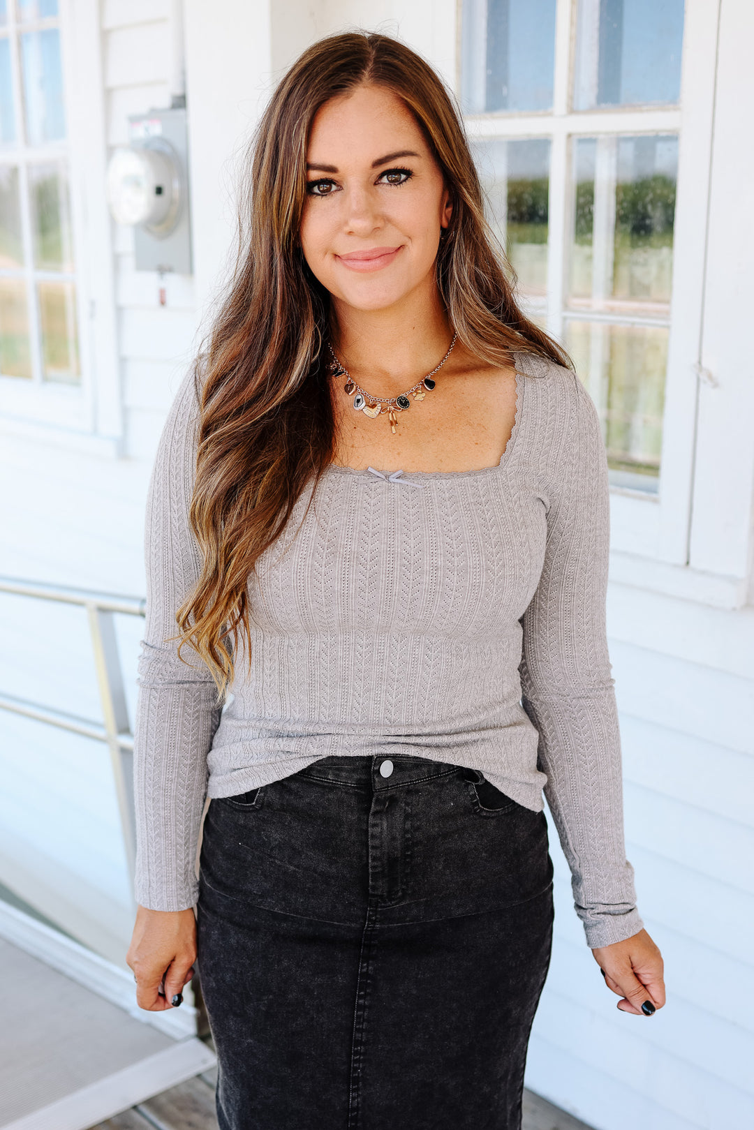 Holly Lace Edge Pointelle Top - Grey