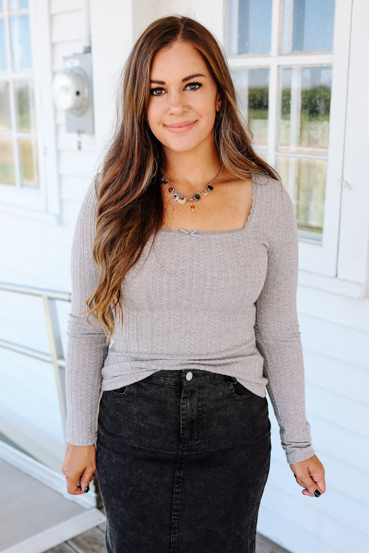 Holly Lace Edge Pointelle Top - Grey