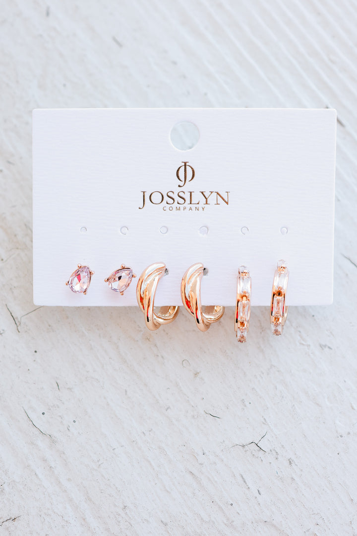 Pink Crystal & Gold Hoop Earring Set