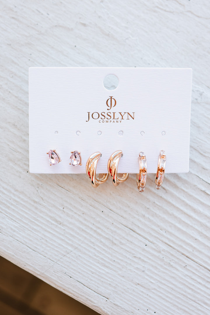 Pink Crystal & Gold Hoop Earring Set