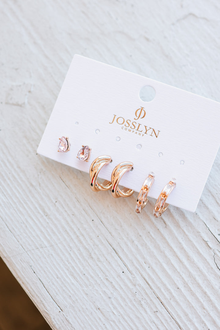 Pink Crystal & Gold Hoop Earring Set