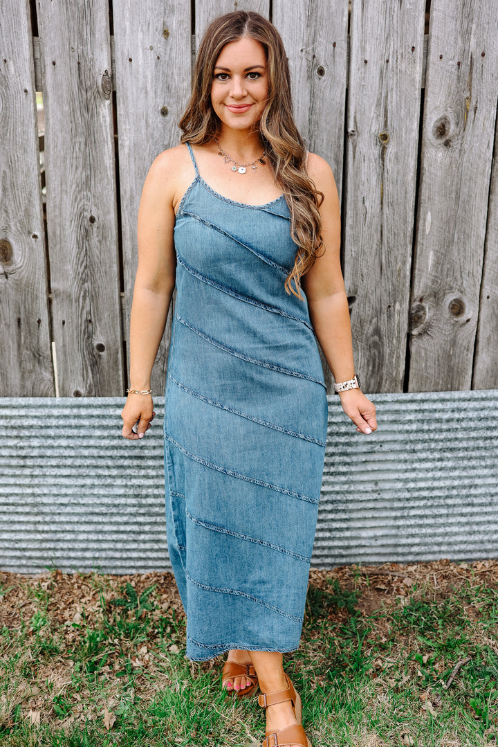 Tate Pintuck Denim Maxi Dress