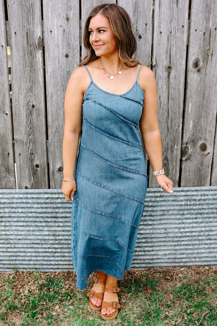 Tate Pintuck Denim Maxi Dress