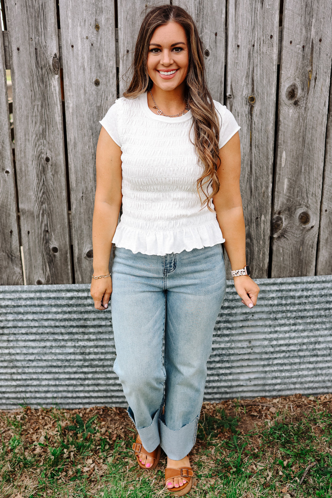 Wren Ruffled Hem Ruched Top - White