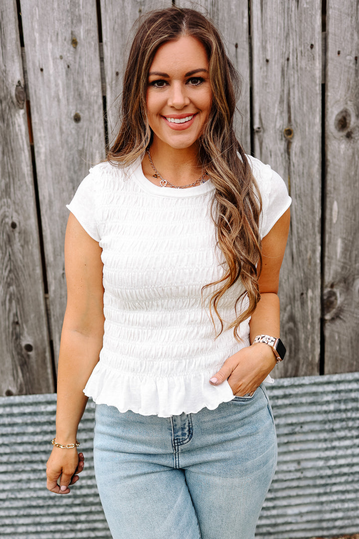 Wren Ruffled Hem Ruched Top - White