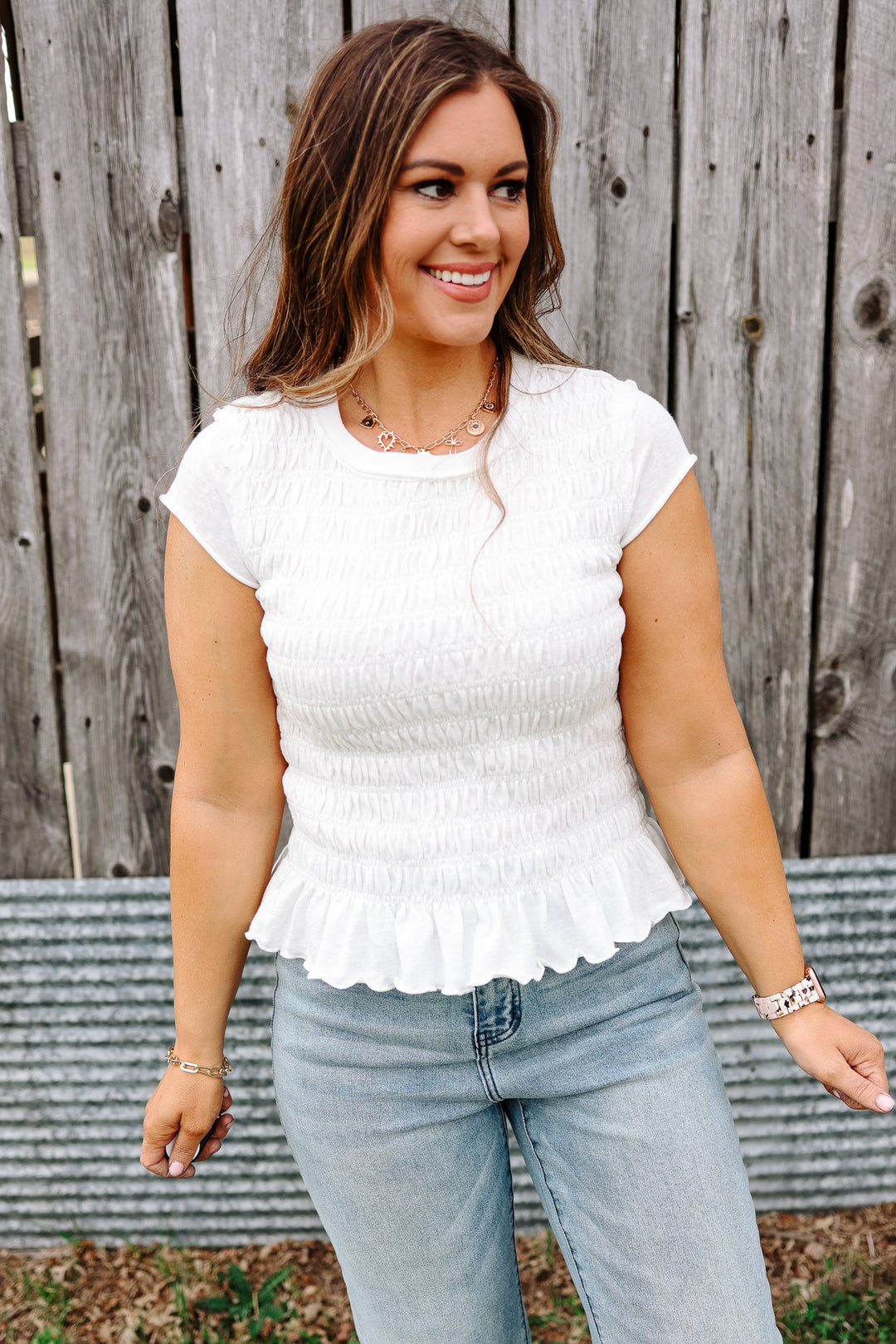 Wren Ruffled Hem Ruched Top - White