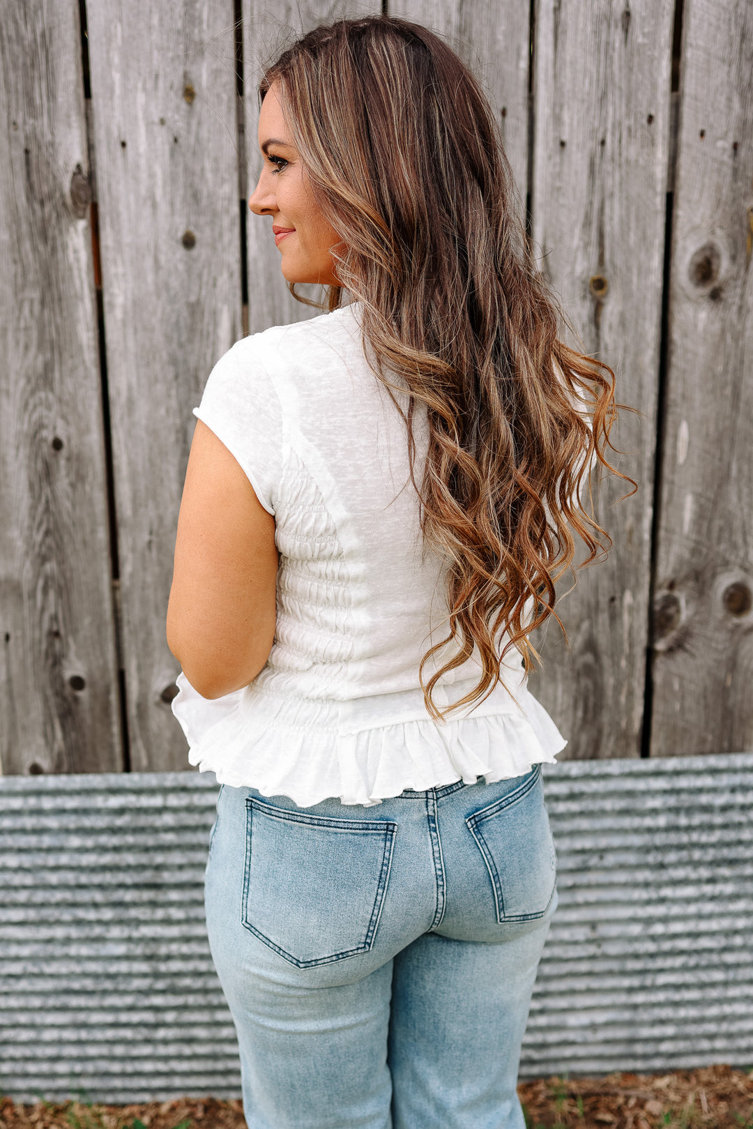 Wren Ruffled Hem Ruched Top - White