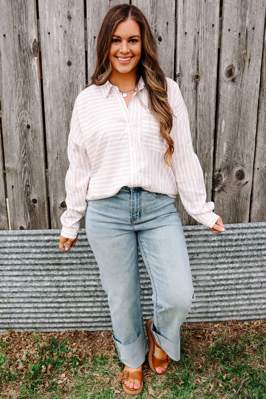 Noelle Striped Button Down Shirt - Taupe