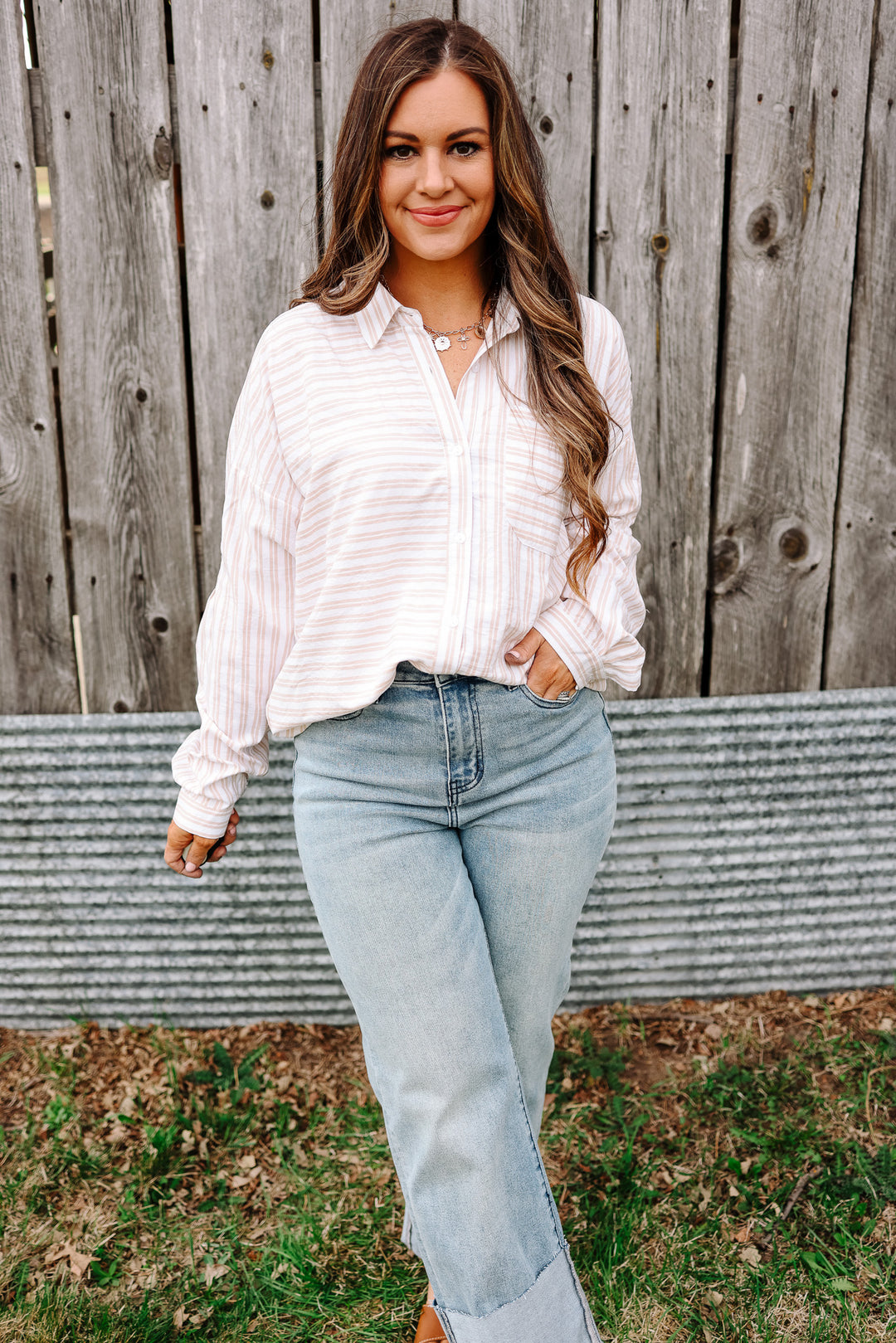 Noelle Striped Button Down Shirt - Taupe