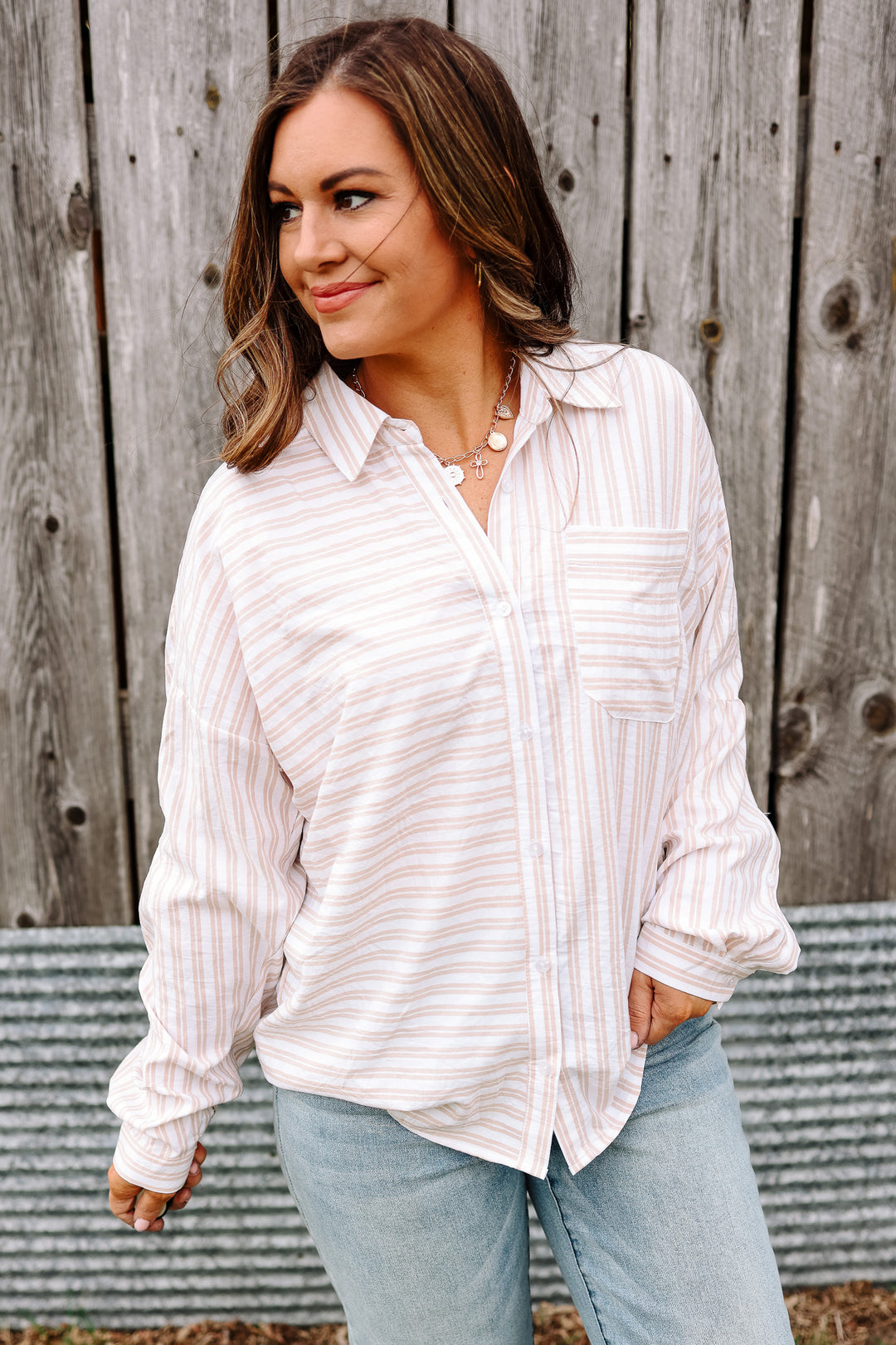 Noelle Striped Button Down Shirt - Taupe