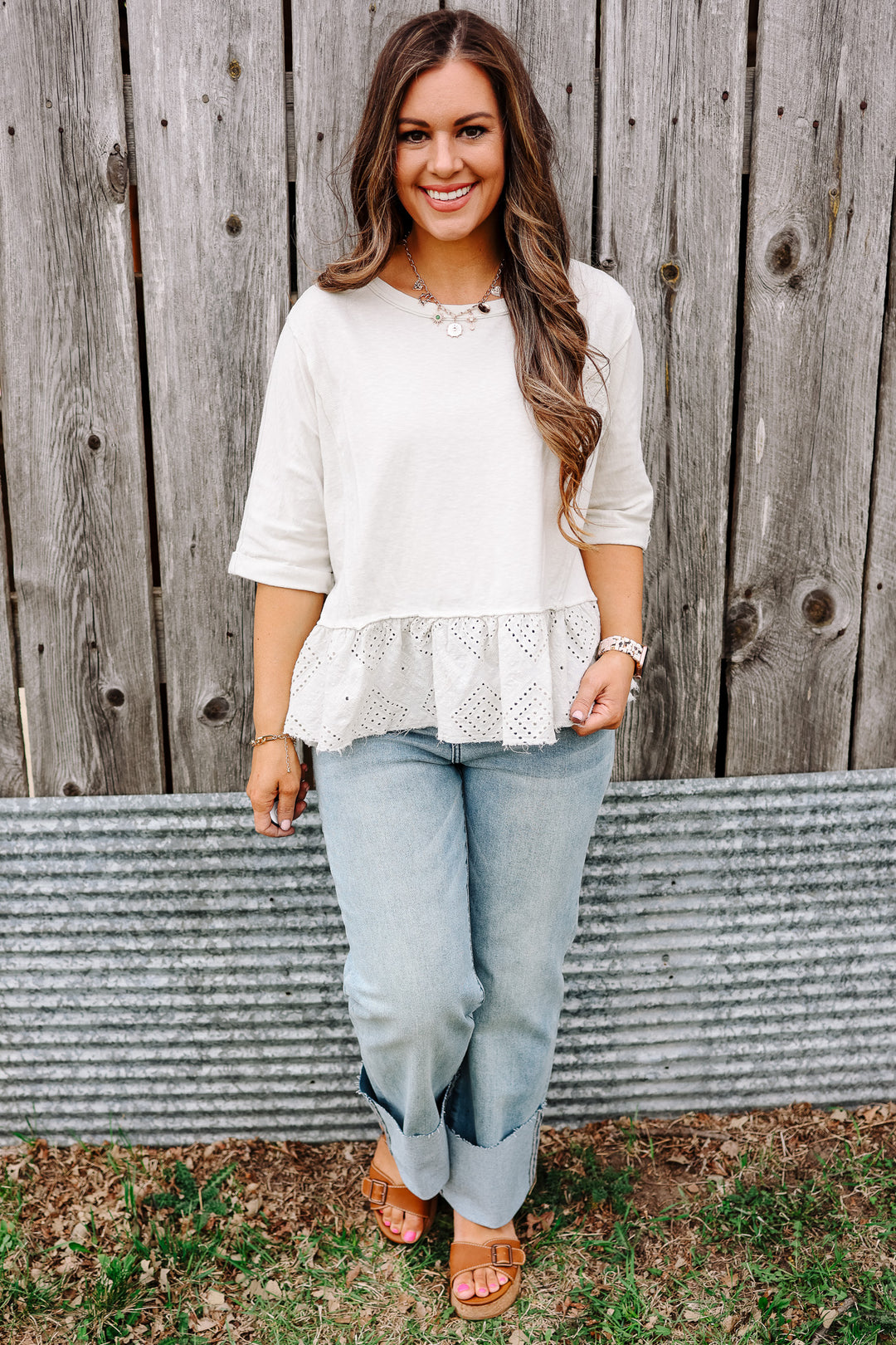 Jenna Lace Ruffle Washed Top - Ecru