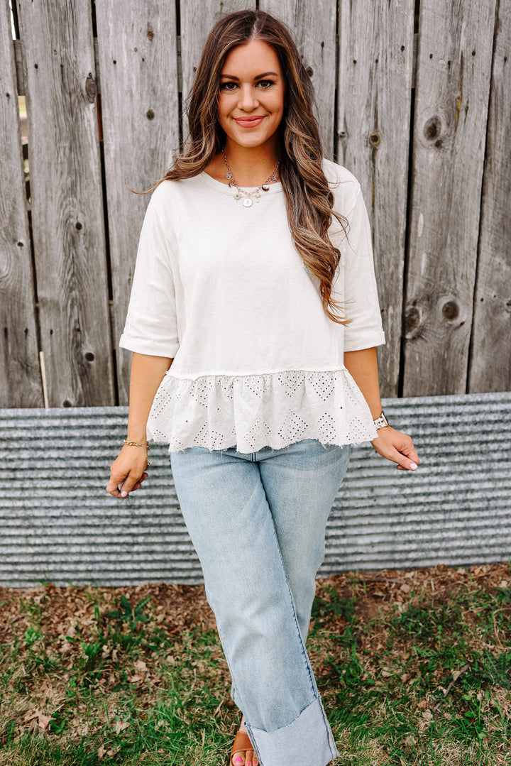 Jenna Lace Ruffle Washed Top - Ecru