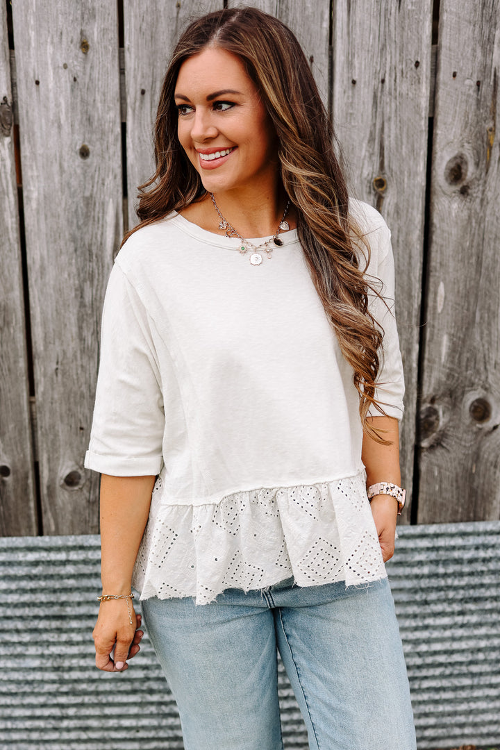 Jenna Lace Ruffle Washed Top - Ecru