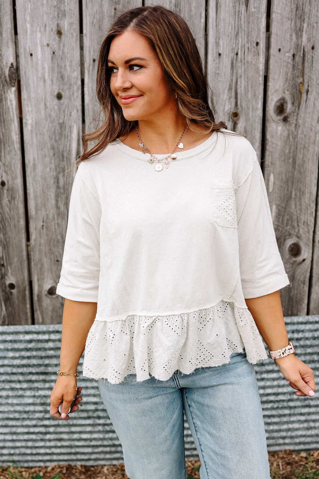 Jenna Lace Ruffle Washed Top - Ecru